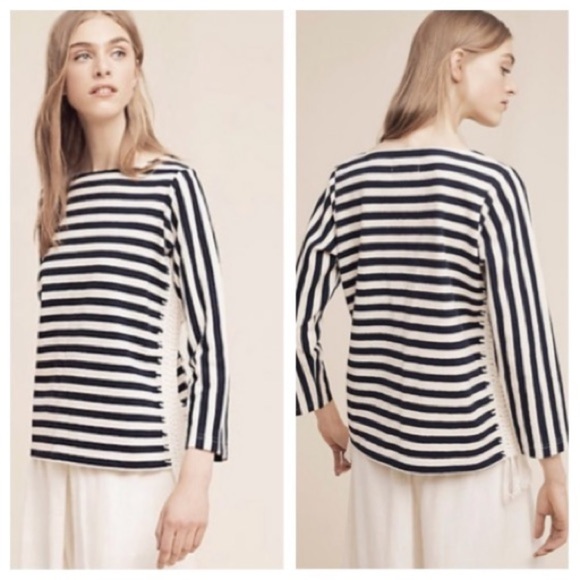 Anthropologie Pepin Mariner Navy Stripe Nautical Thick Fringe Sweater M - Picture 1 of 7